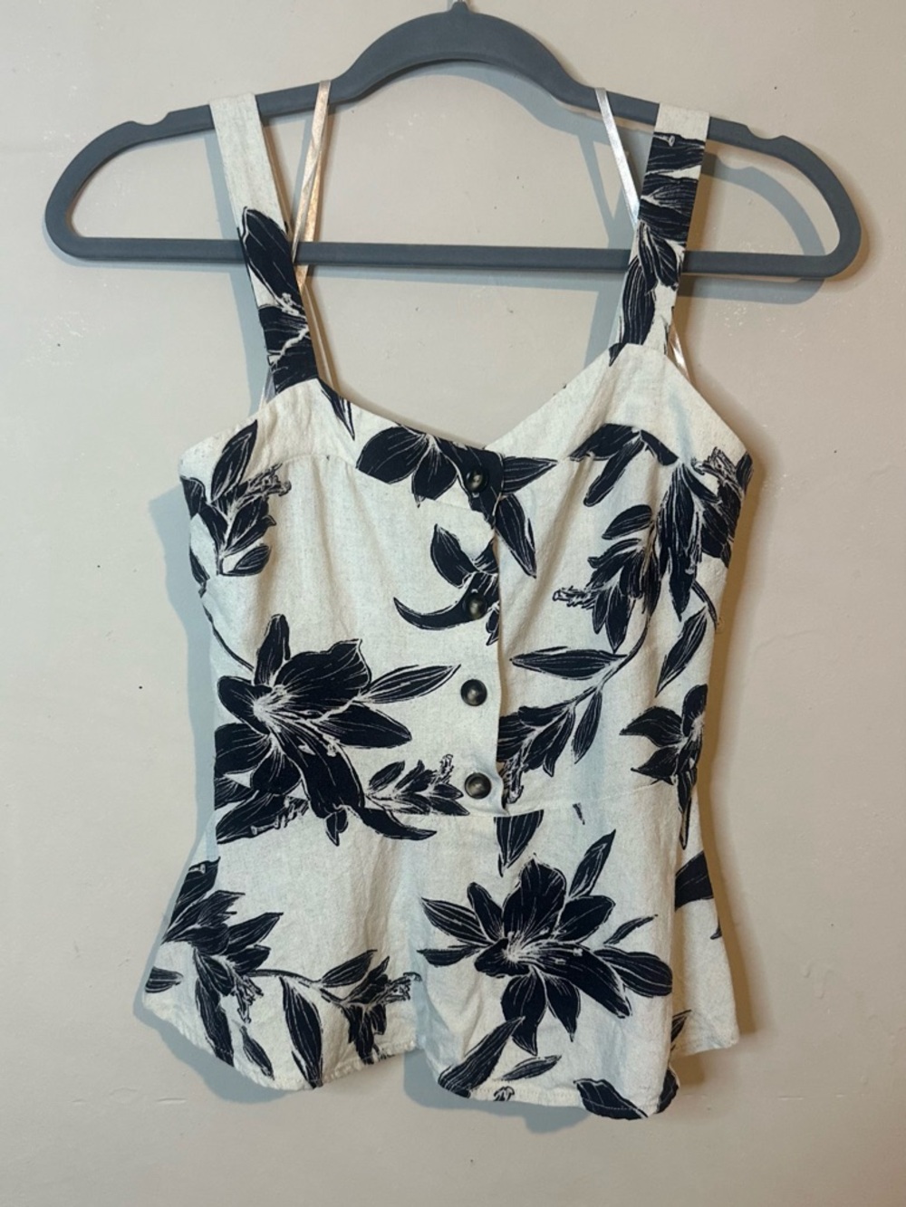 Tropical Button-Front peplum Tank Top - White & Black